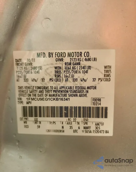 2012 Ford Escape Limited из США, поврежденный, VIN 1FMCU9EG1CKB16341